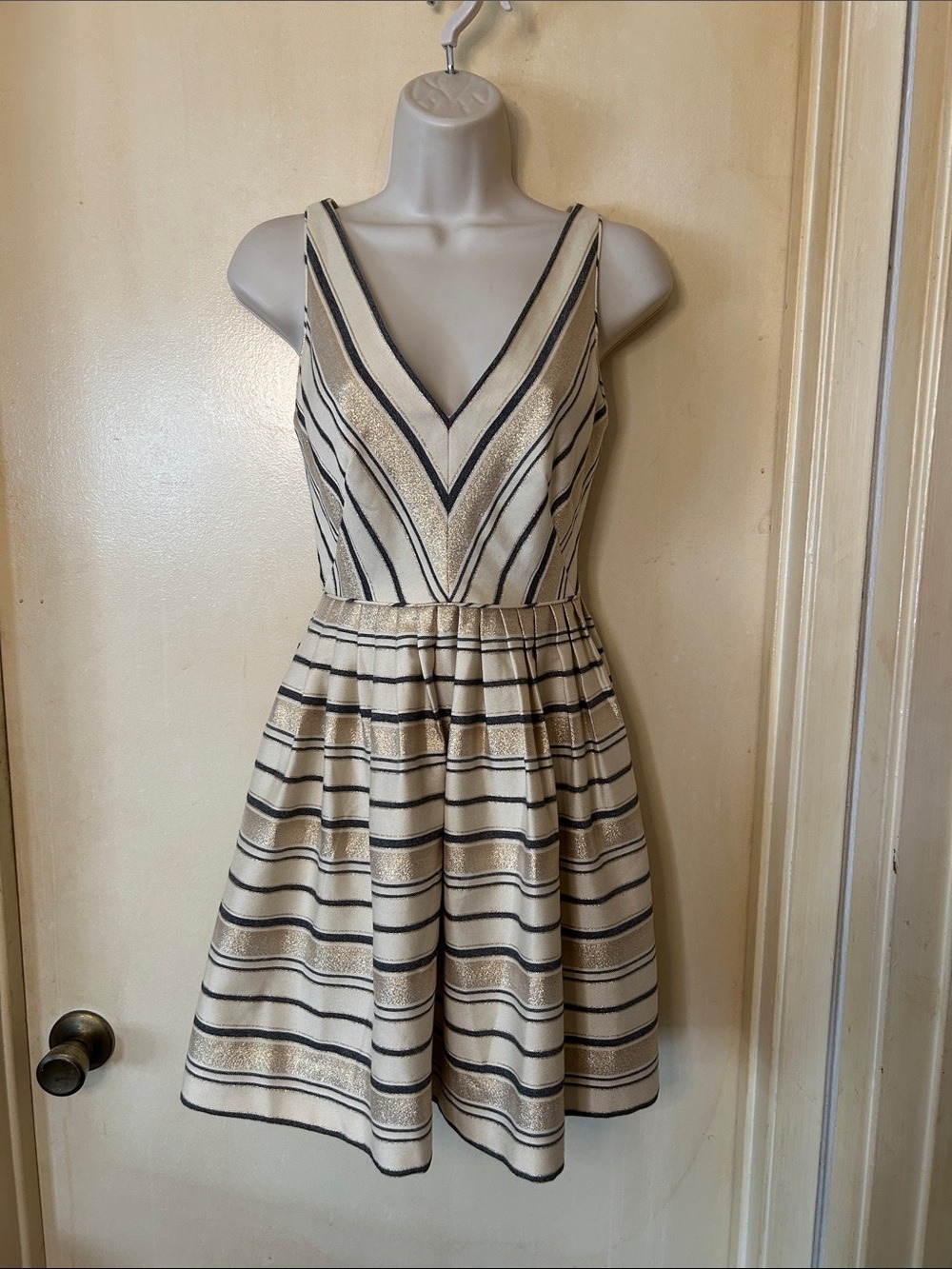 J. Crew Striped V-Neck Sleeveless Mini Dress in Cream, Black & Gold size 0P